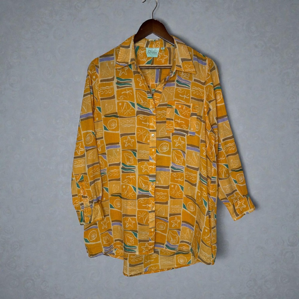 True Destinations Nautical Print Tunic Button Up Shirt 100% Cotton Seashell sz M